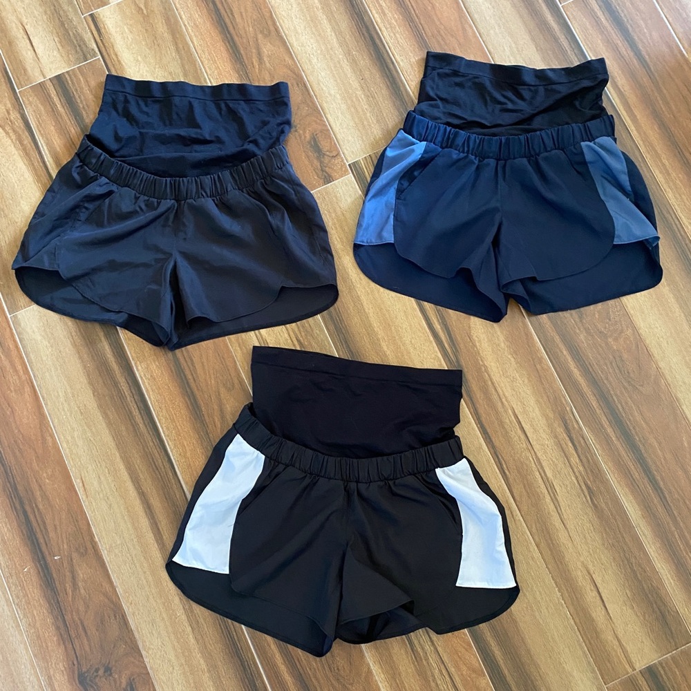 Maternity athletic shorts, set of 3, XS, black/navy stripe/black & white stripe